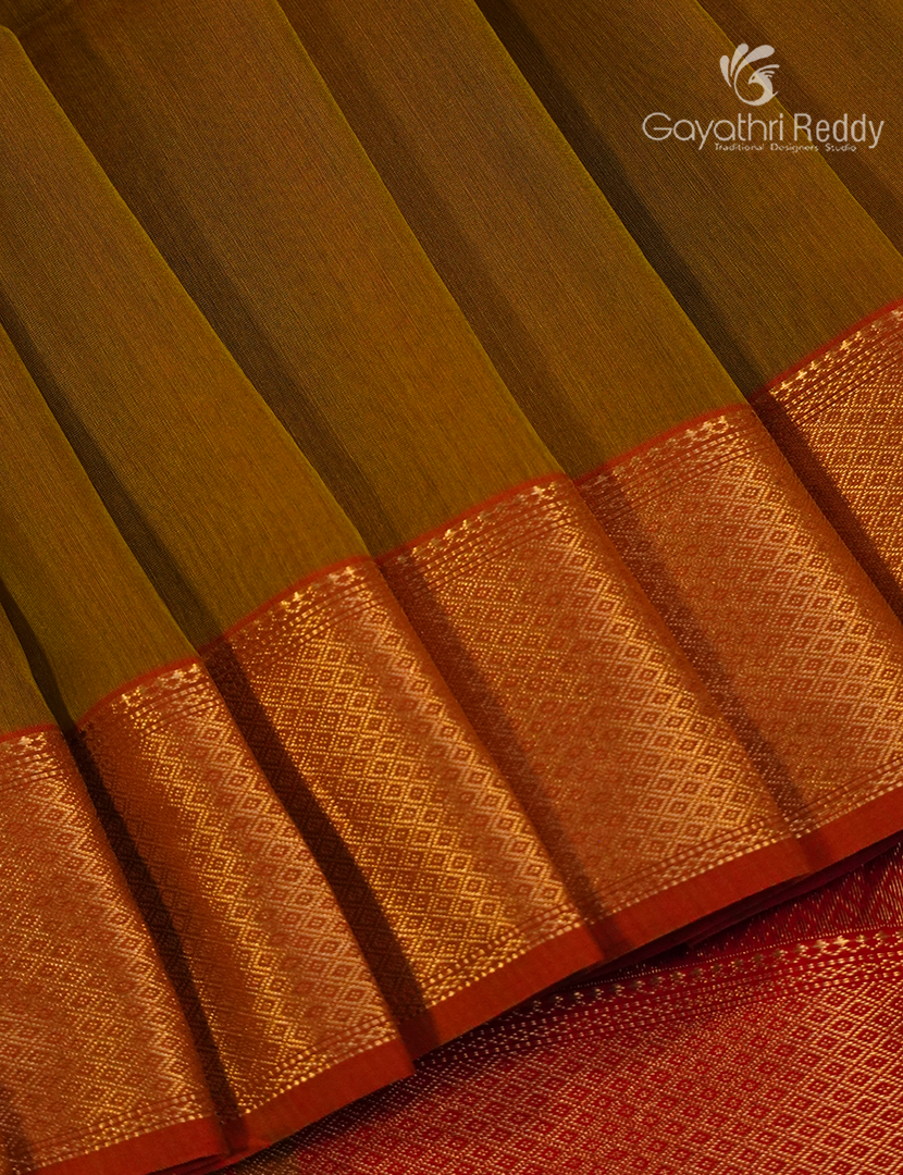 Pure Chanderi Sico Saree in Deep Dry Mehendi and Red