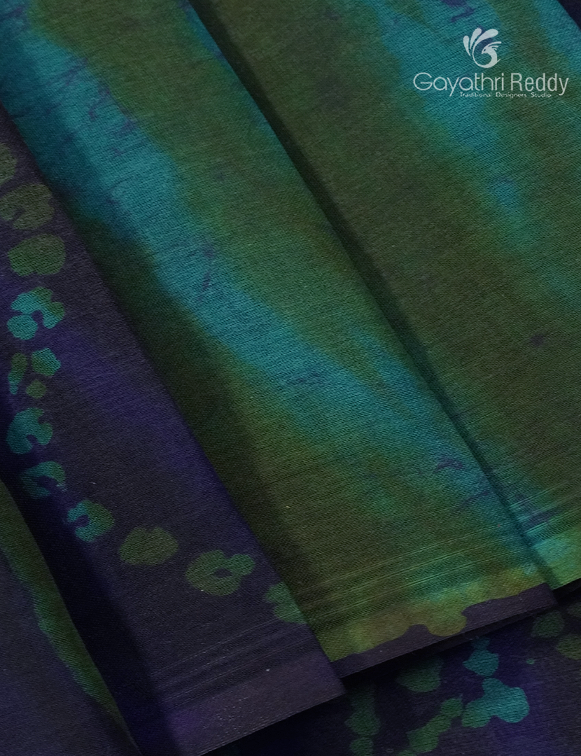 Cotton Batik Print Saree in Navy Blue and Sea Green