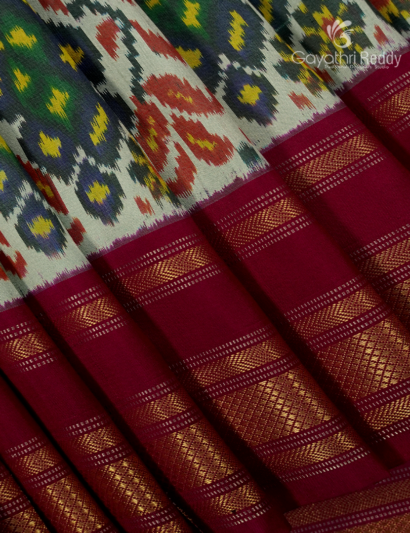 Pure Ikat Silk Saree in Pista Green and Deep Pink