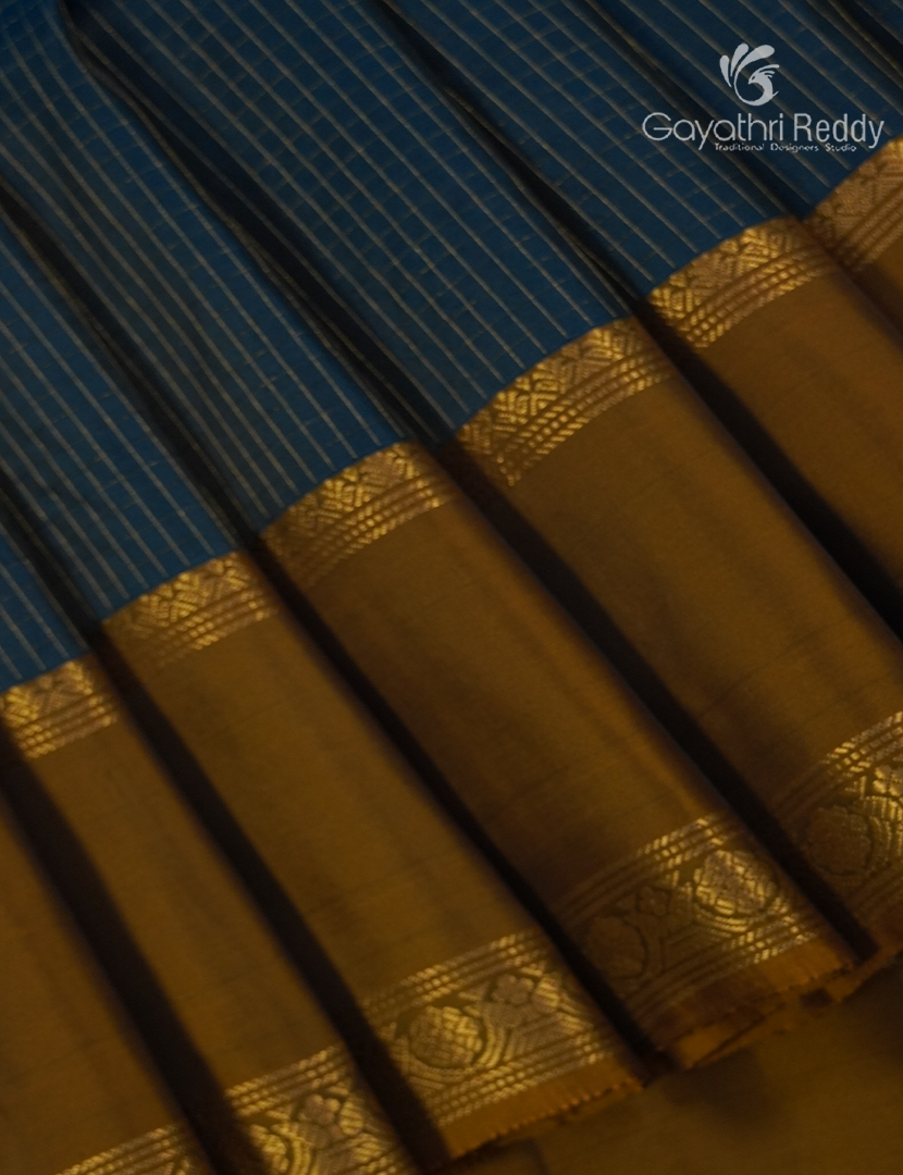 Pure  Kanchipuram Light Weight Silk Saree in Deep Peacock Blue and Deep Mustard