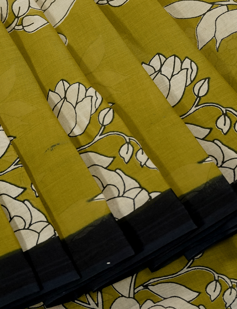 Pure MulMul Cotton Saree in Henna Green and Black