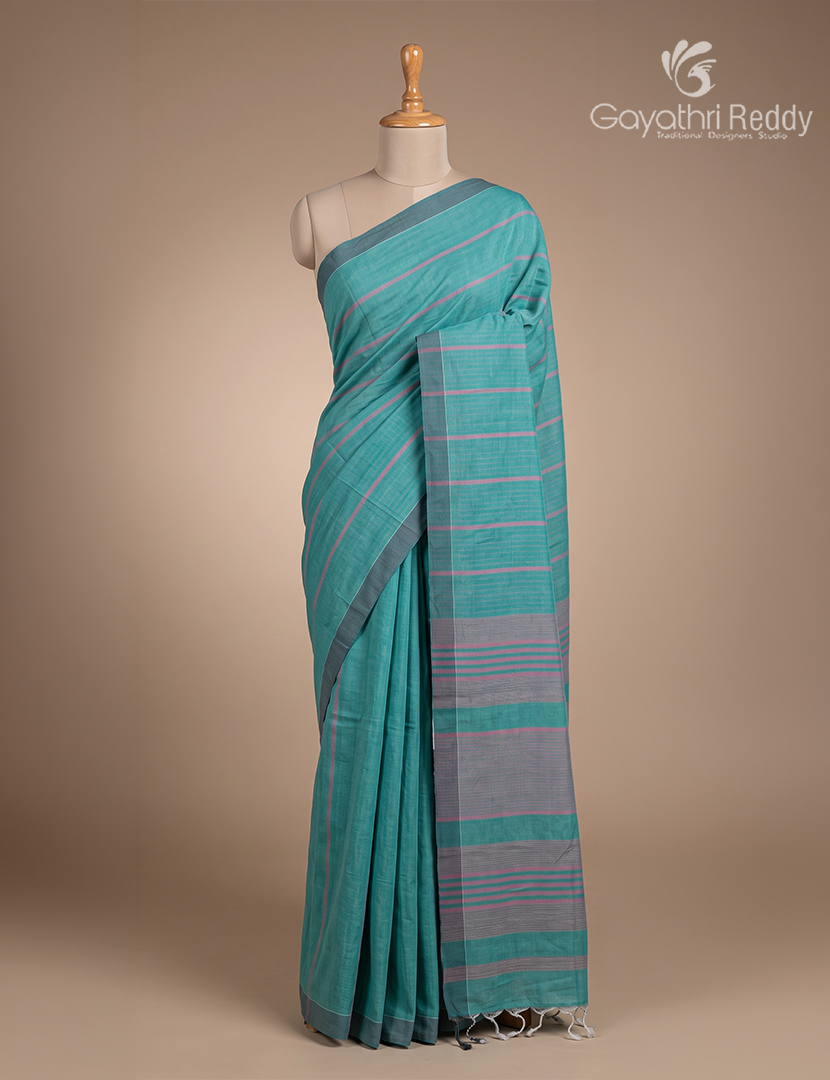 Pure Handloom Cotton Saree in Teal Blue