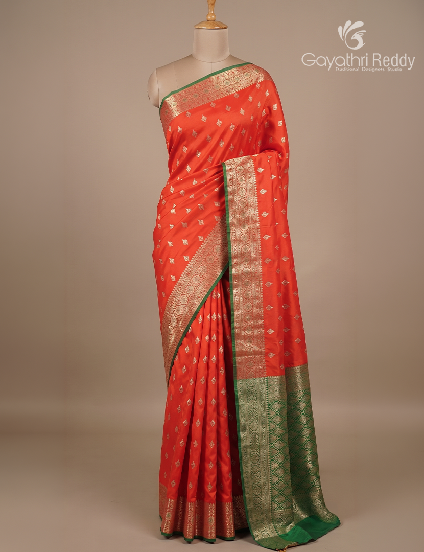 Semi Banaras Katan Silk Saree in Rani Pink and Green