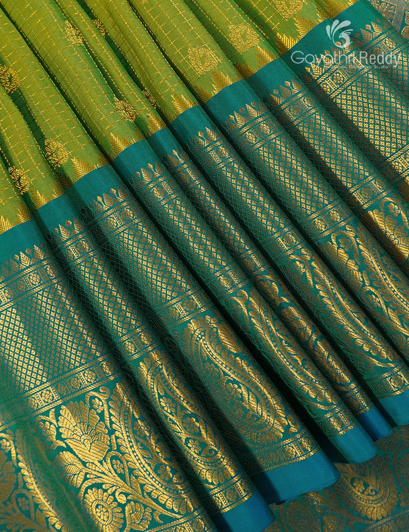 Pure Gadwal Silk Saree in Parrot Green and Peacock Blue