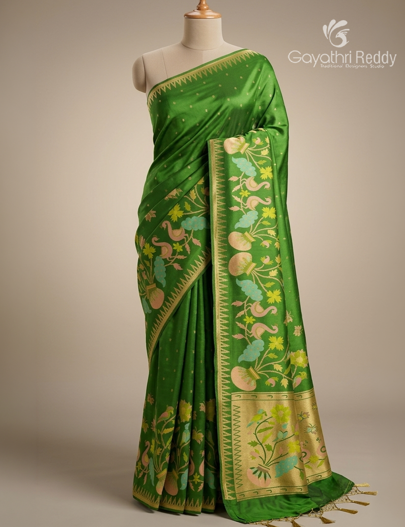 Pure Satin Silk Saree in Leaf Green