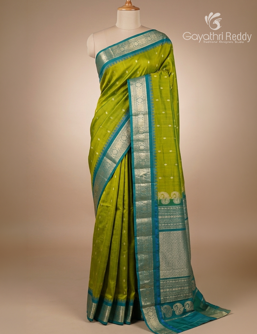 Pure Gadwal Silk Saree in Mehendi Green and Peacock Blue