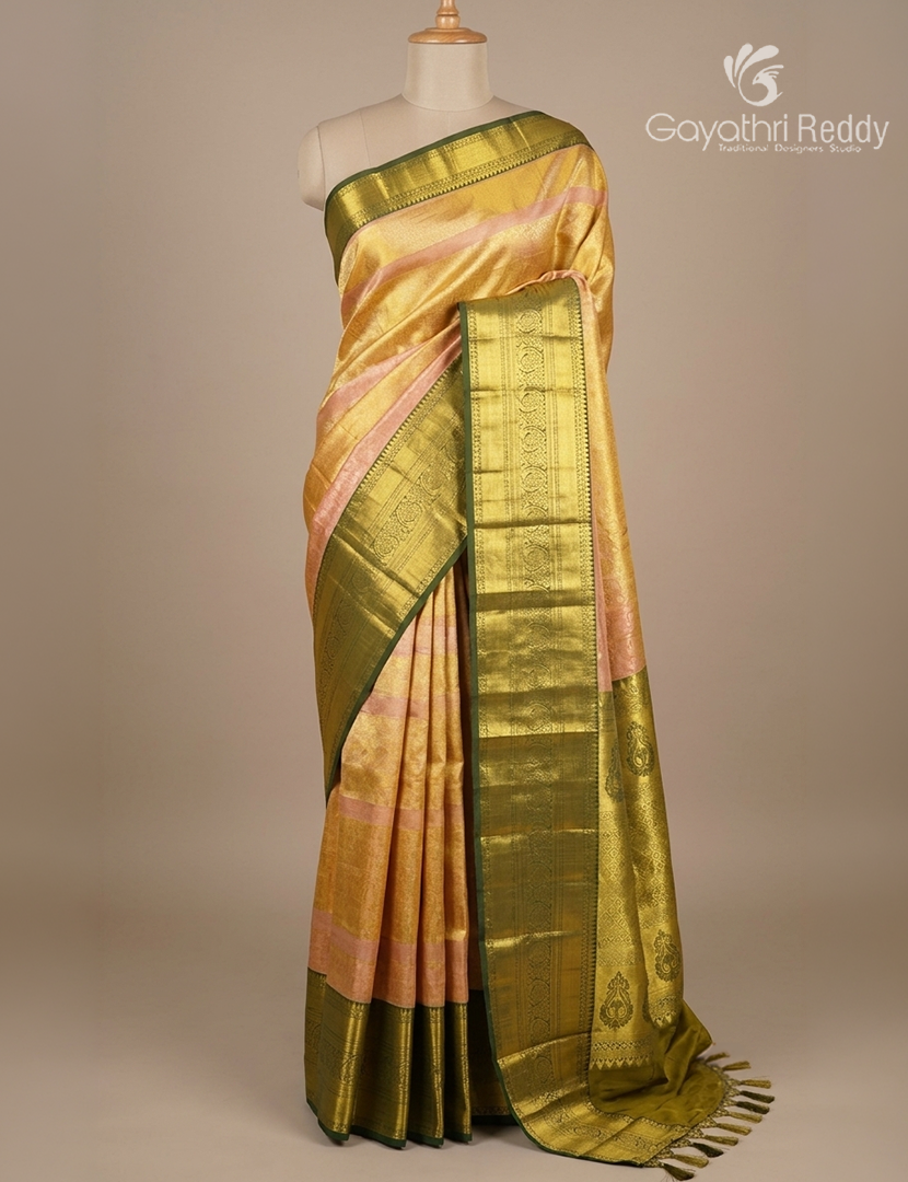 Pure  Kanchipuram Silk Saree in Butter Yellow and Bottle Green ( Brocade Pattern )