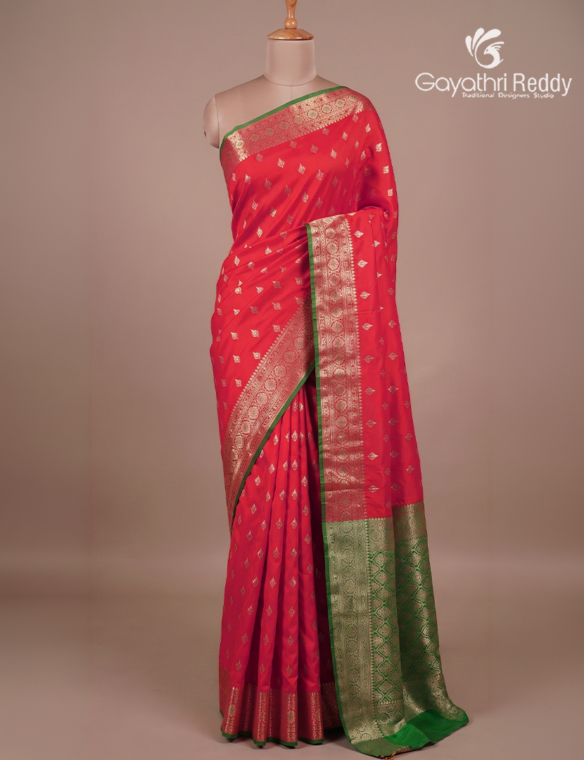 Semi Banaras Katan Silk Saree in Red and Bottle Green