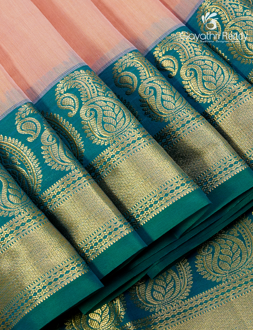 Pure Kanchi Sico Saree in Pastel Peach and Rama Green