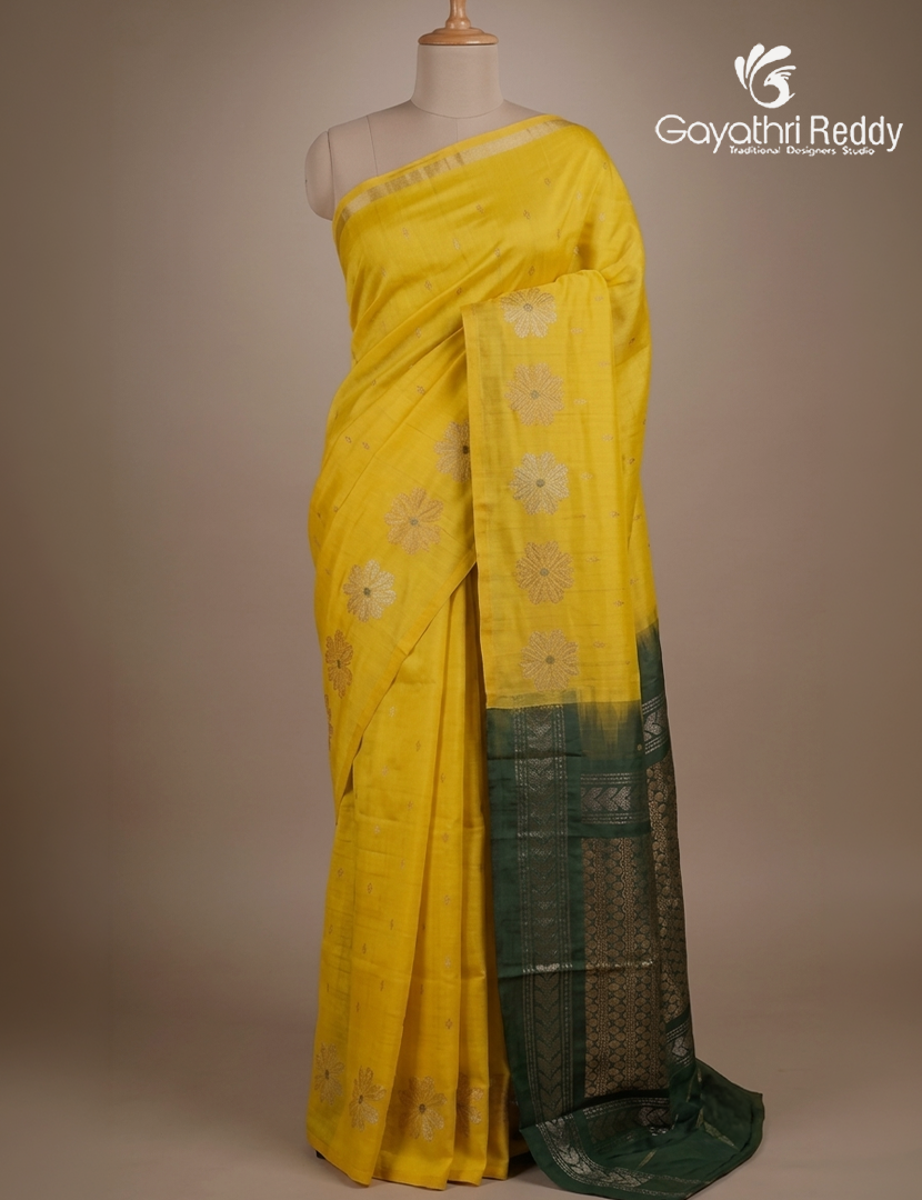 Pure Uppada Silk Saree in Yellow and Bottle Green