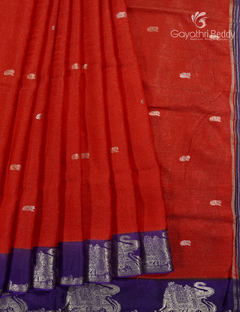 Semi Mysore Crepe Saree in Red and Navy Blue