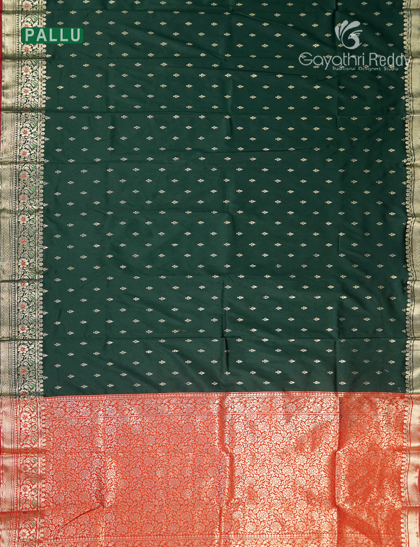 Semi Banaras Katan Silk Saree in Bottle Green and Red
