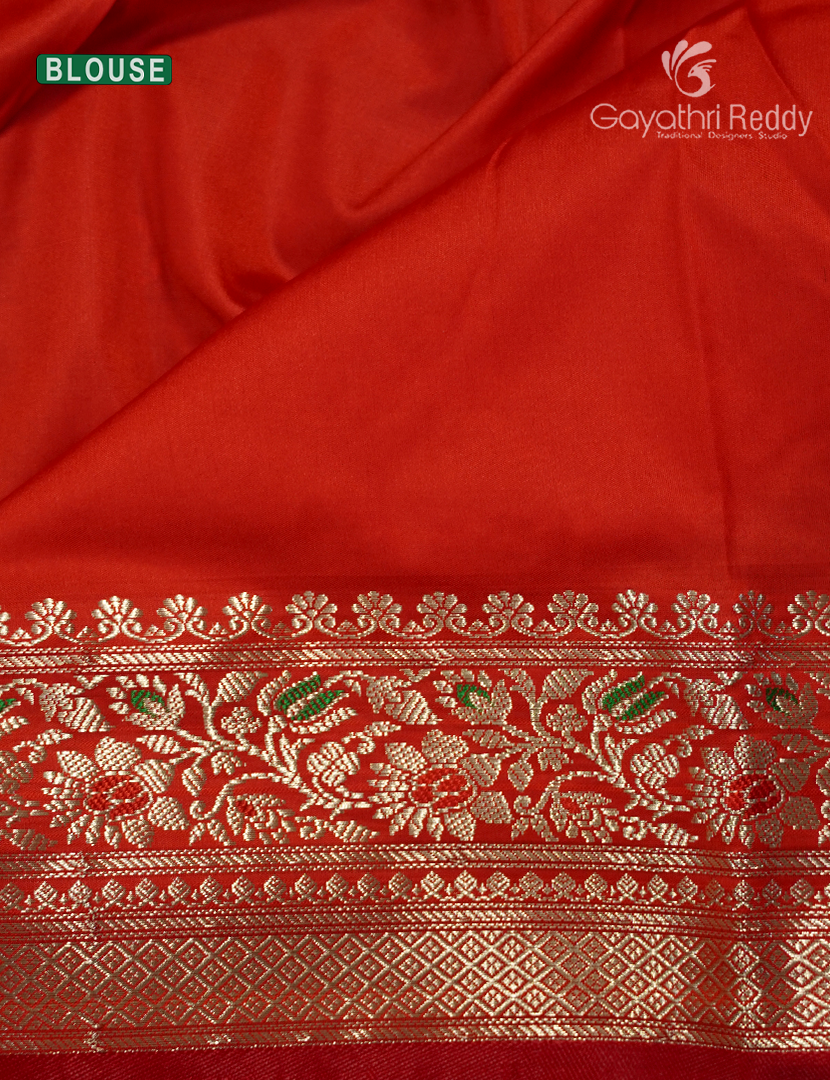 Semi Banaras Katan Silk Saree in Bottle Green and Red