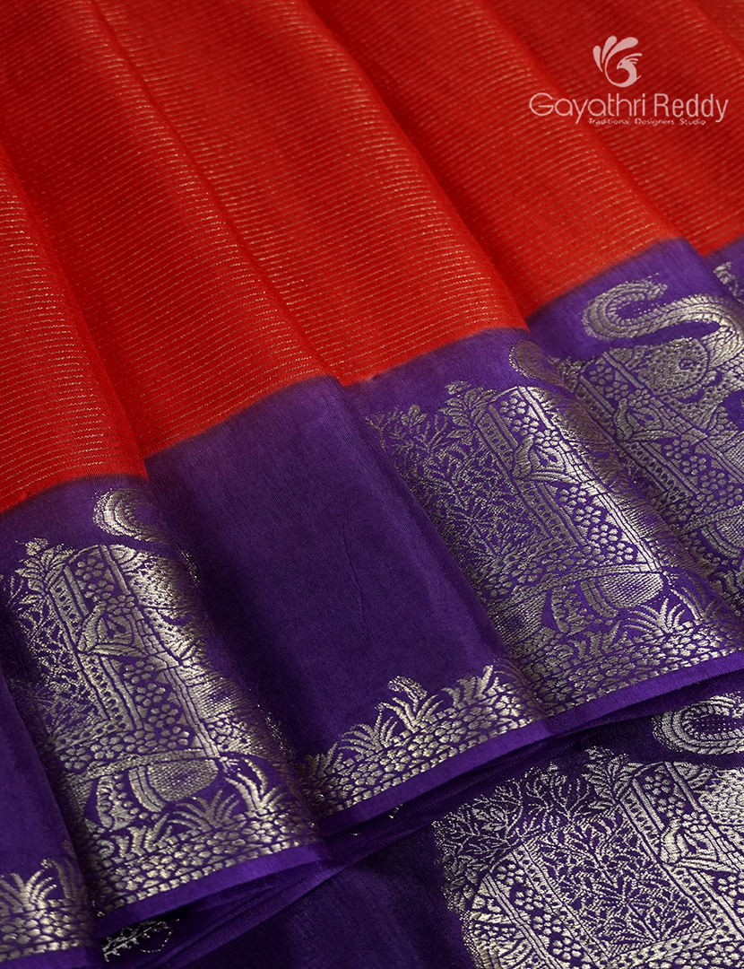 Semi Mysore Crepe Saree in Red and Navy Blue