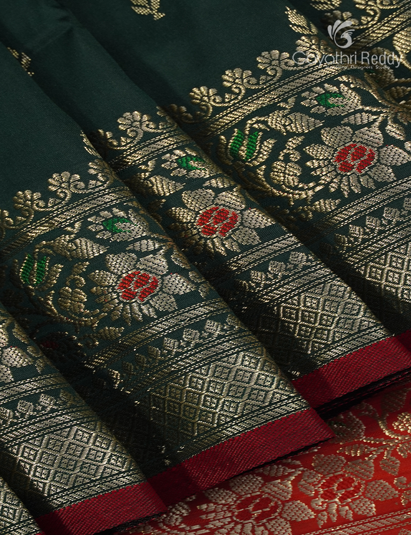 Semi Banaras Katan Silk Saree in Bottle Green and Red
