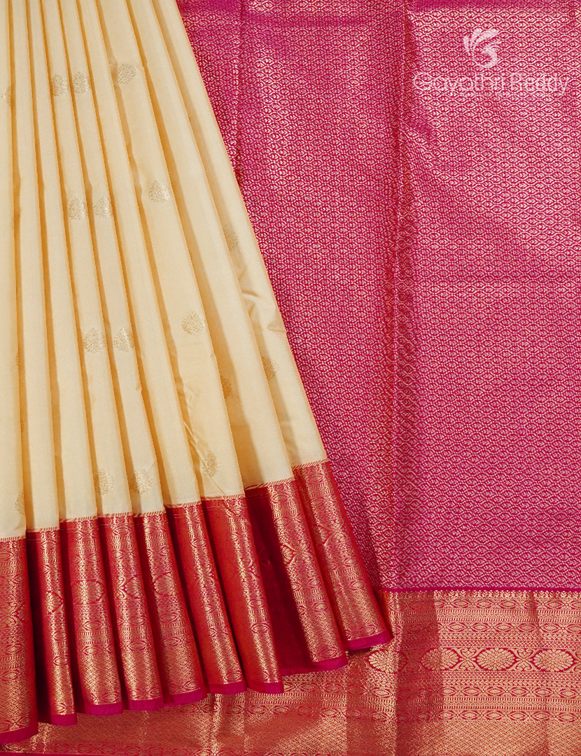 Semi Kanchipuram Silk Saree in Cream and Rani Pink