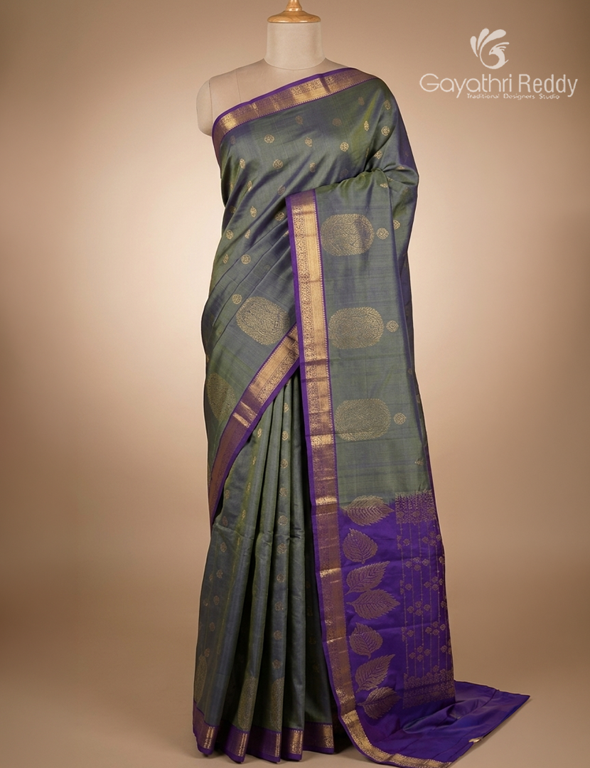 Pure Kanchipuram Silk Saree in Olive Grey and Violet