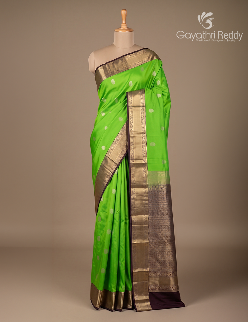 Semi Kanchipuram Silk Saree in Neon Green and Deep Violet