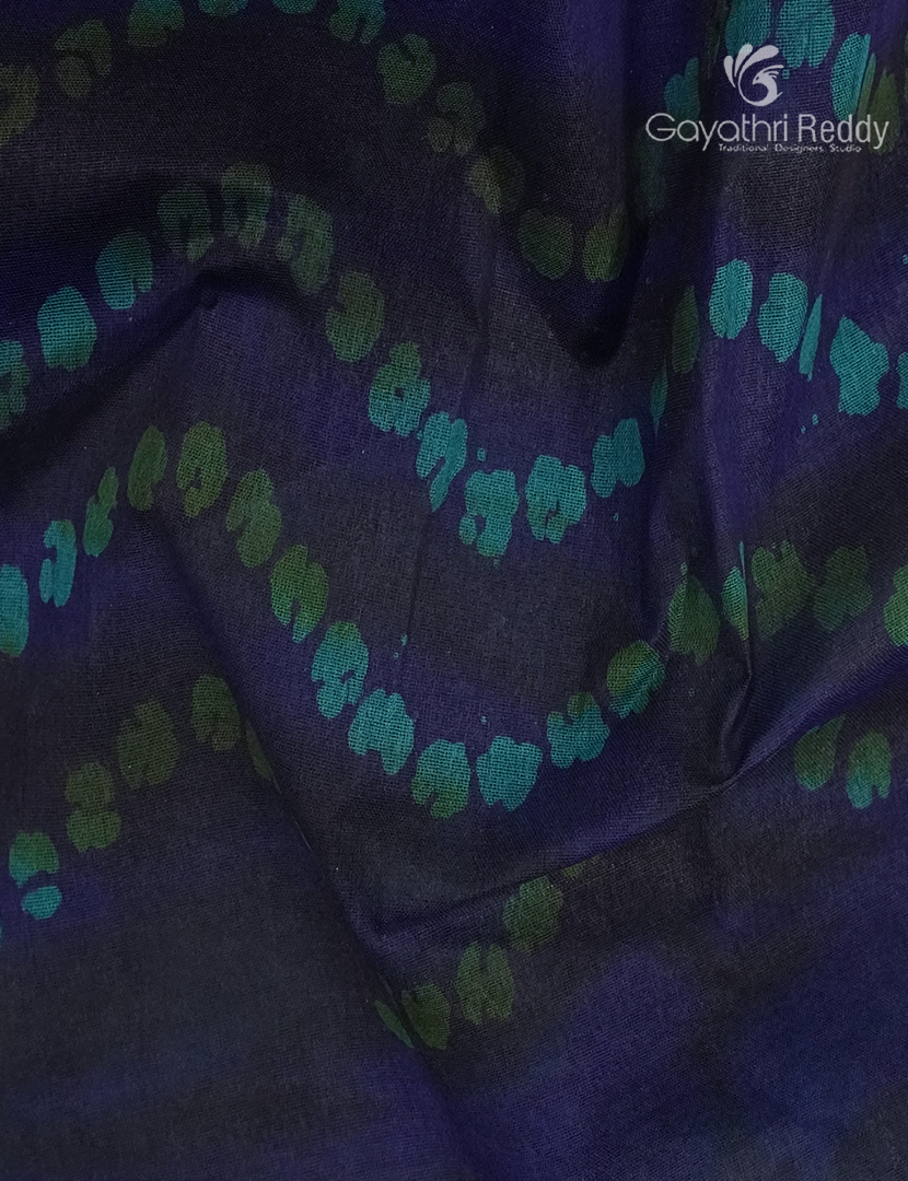 Cotton Batik Print Saree in Navy Blue and Sea Green