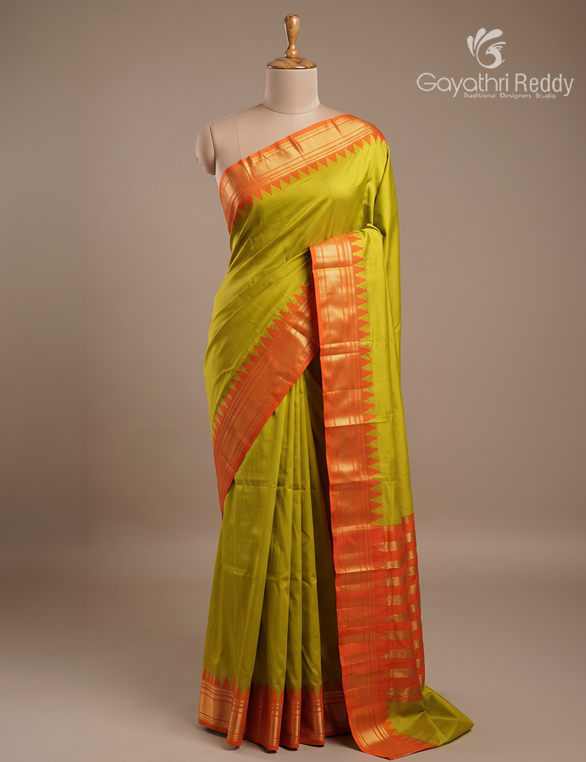 Semi Gadwal Saree in Mehendi Green and Orange