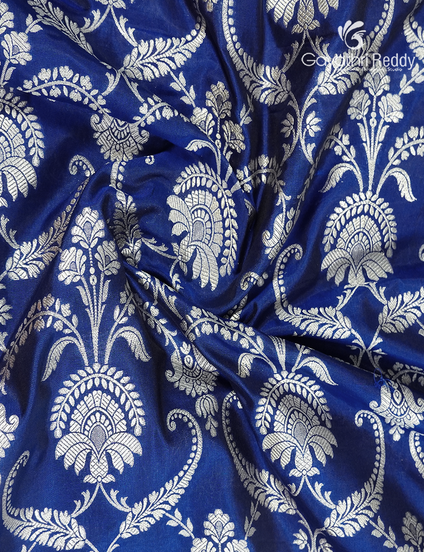 Pure Banaras Katan Silk Saree in Navy Blue and Orange