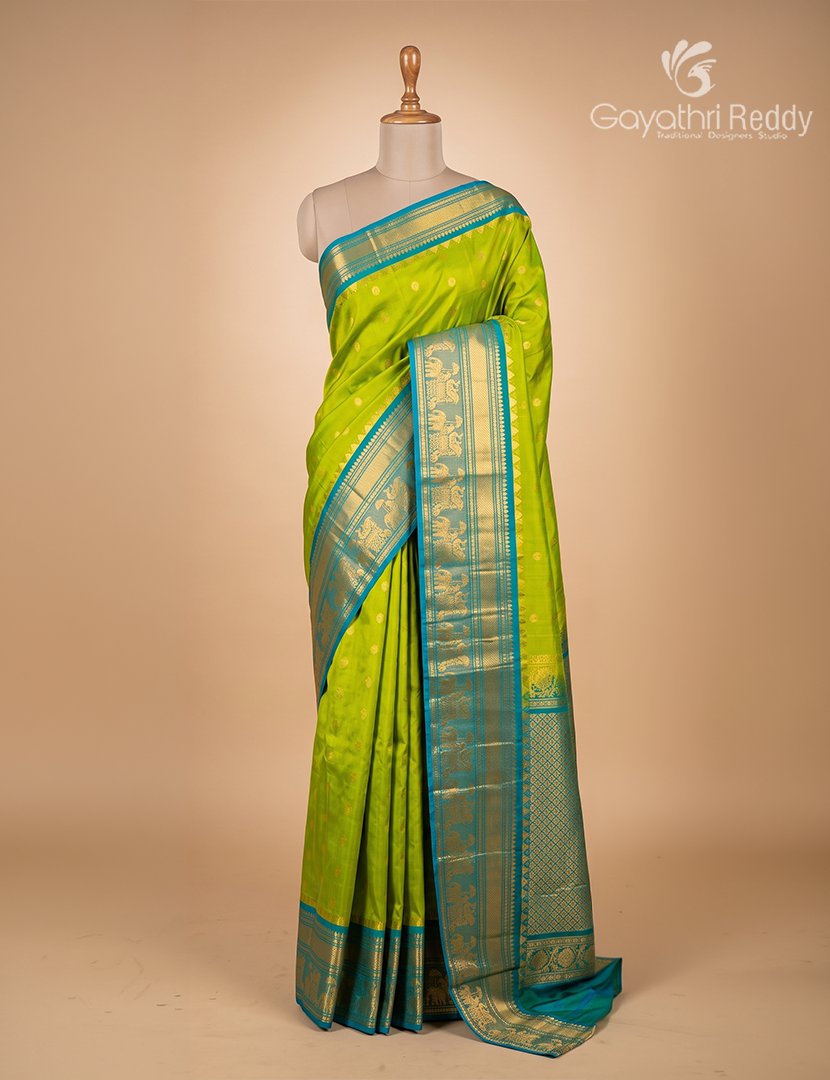 Pure Gadwal Silk Saree in Mehendi Green and Peacock Green