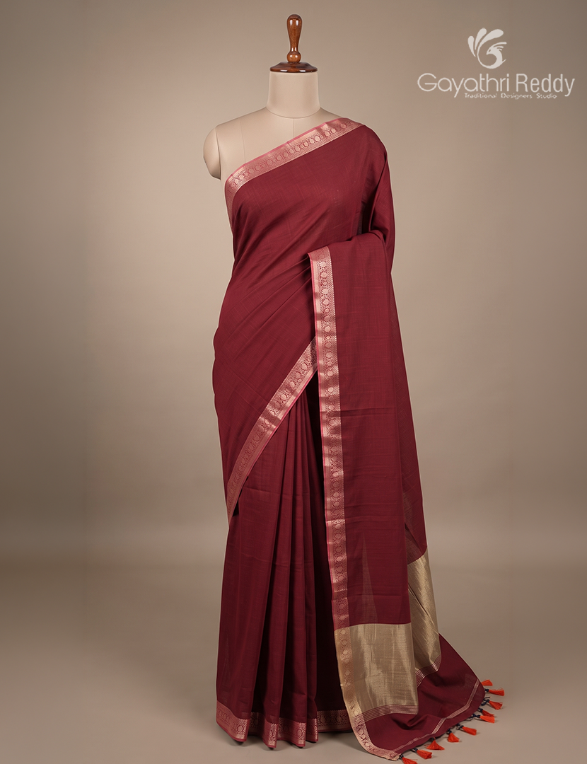 Jamdani Cotton Saree in Deep Maroon