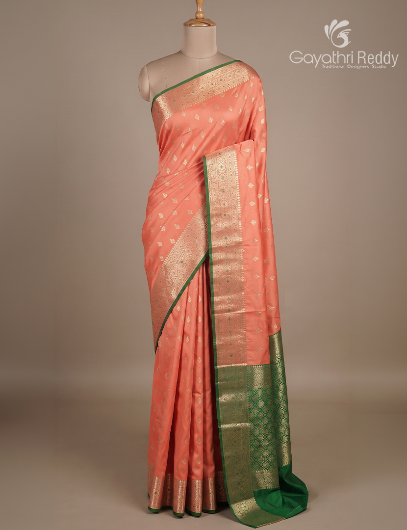 Semi Banaras Katan Silk Saree in Peach and Parrot Green