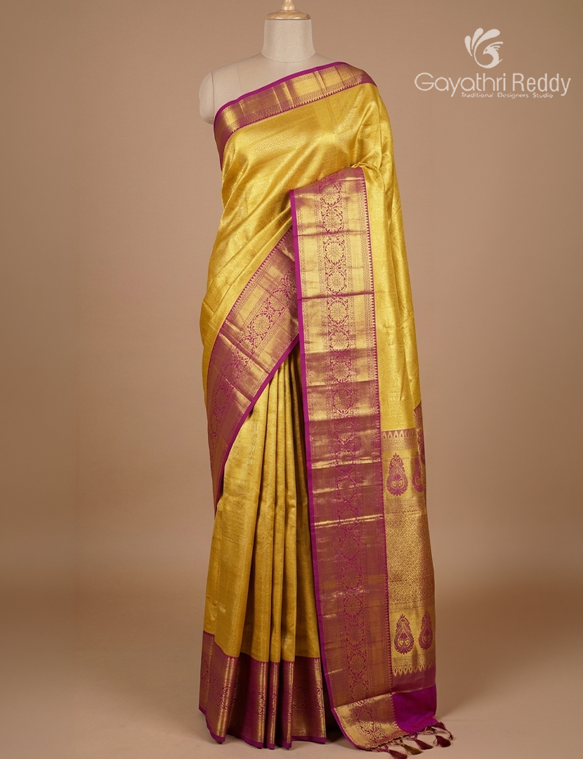 Pure  Kanchipuram Silk Saree in Golden Yellow  and Rani Pink ( Brocade Pattern )