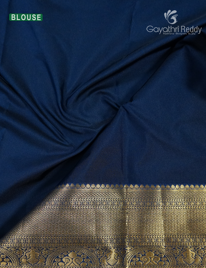 Semi Kanchipuram Silk Saree in Yellow and Deep Navy Blue