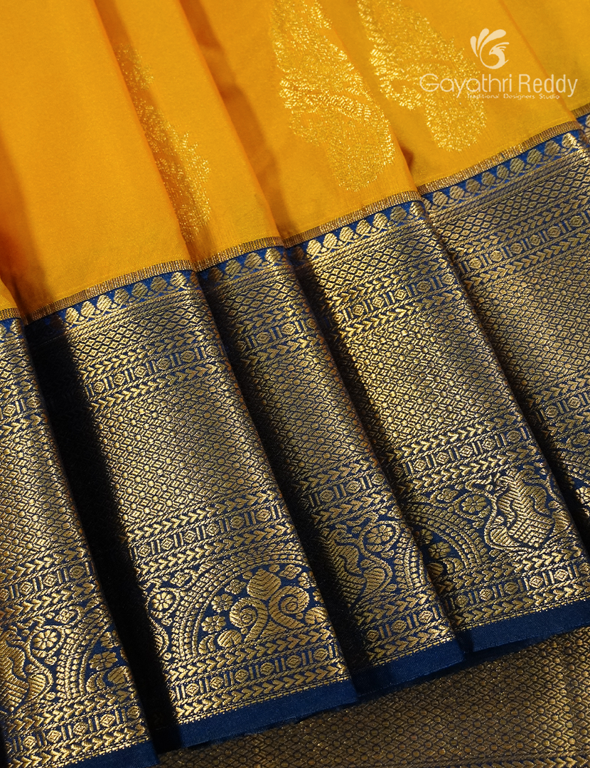 Semi Kanchipuram Silk Saree in Yellow and Deep Navy Blue