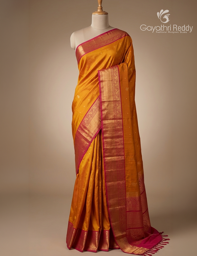 Pure Kanchipuram Vintage Silk Saree in Mustard and Rani Pink