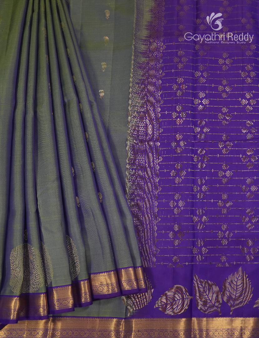 Pure Kanchipuram Silk Saree in Olive Grey and Violet