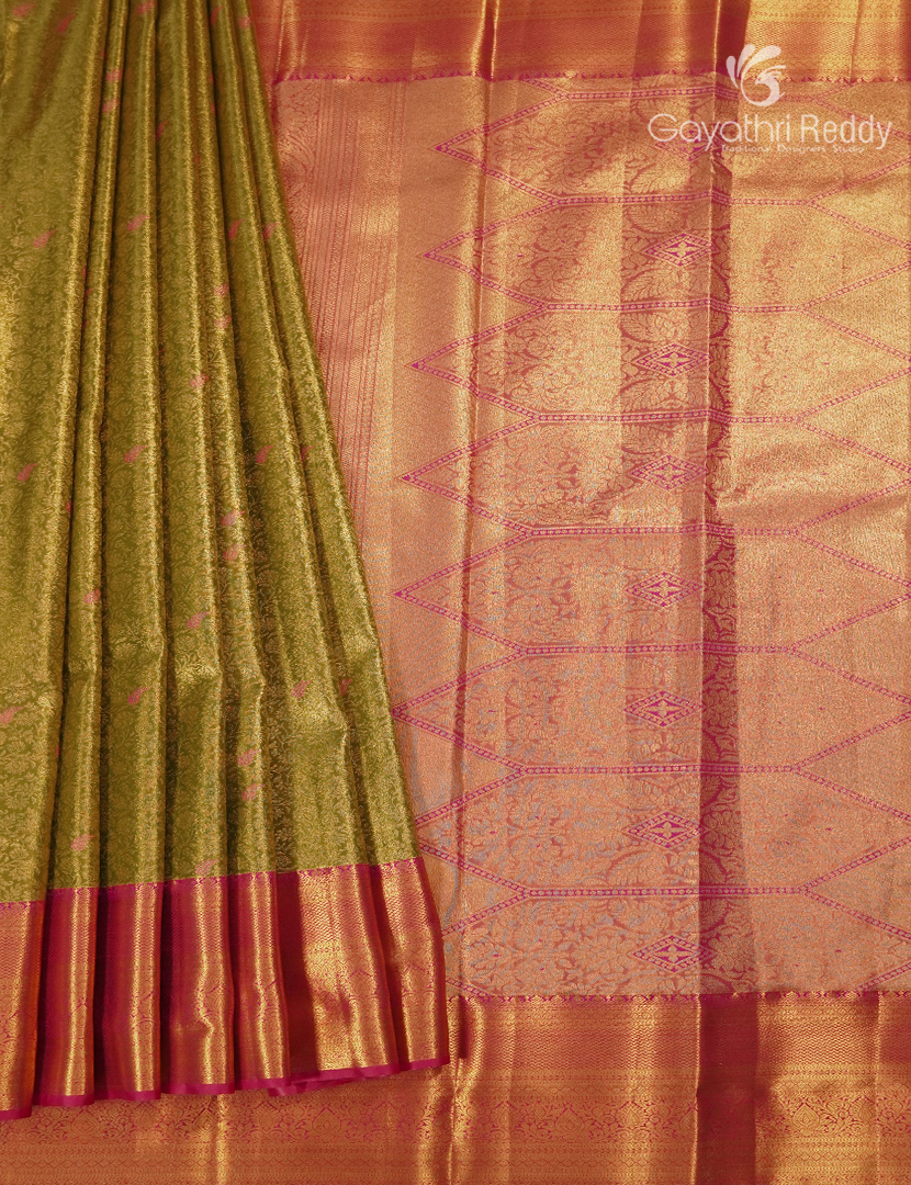 Semi Kanchipuram Silk Saree in Mehendi Green and Pink