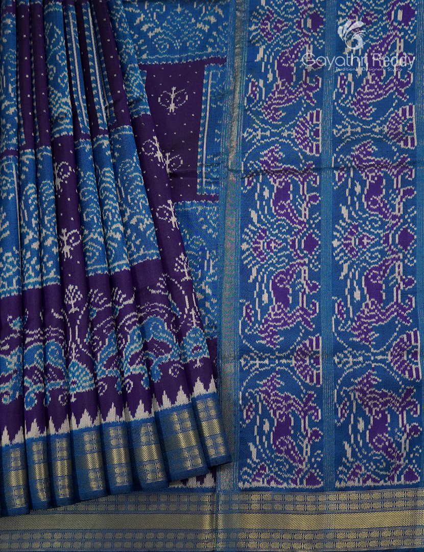 Pure Ikat Silk Saree in Deep Violet and Blue