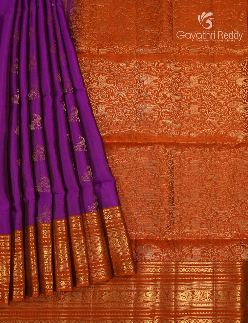 Pure Kanchipuram Soft Silk Saree in Purple and Rust Orange