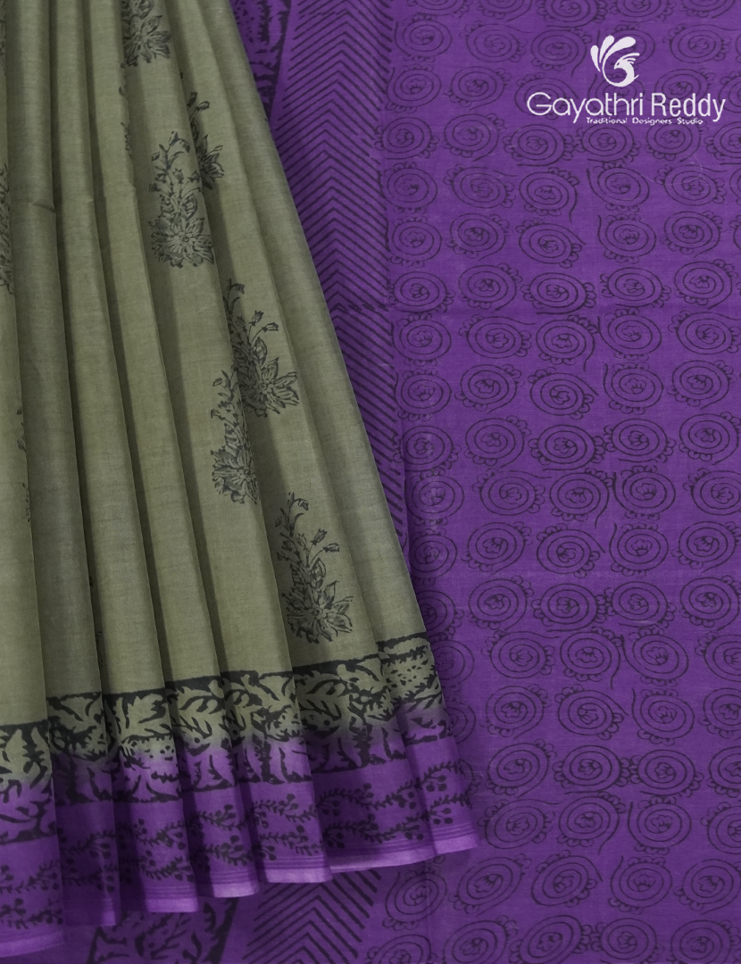 Block Print Cotton Saree in Olive Grey and Purple