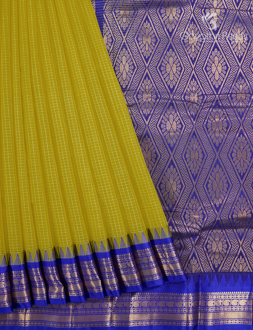 Pure Gadwal Cotton Saree in Lime Yellow and Royal Blue
