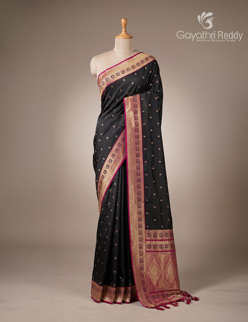 Semi Kanchipuram Silk Fancy  Saree in Black and Deep Magenta