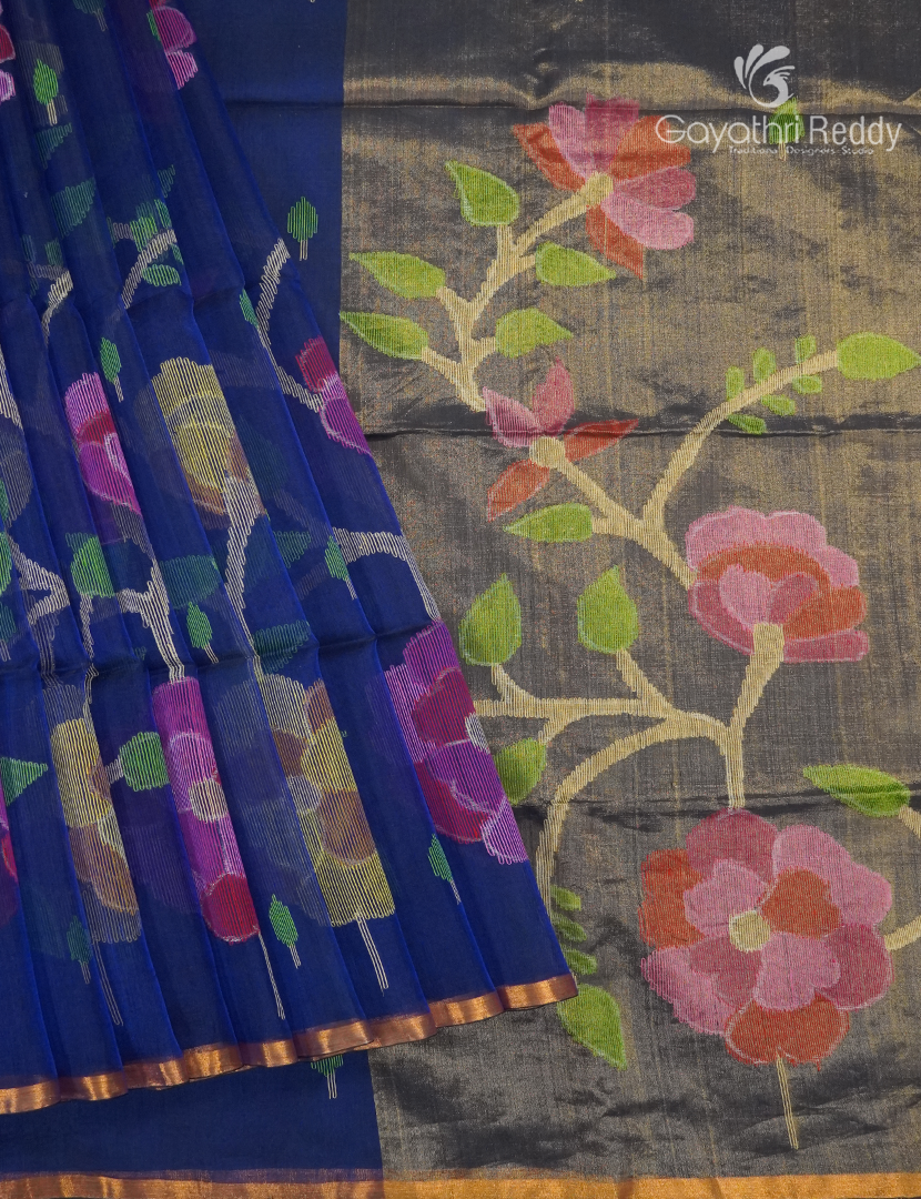 Pure Jamdani Kora Saree in Deep Blue