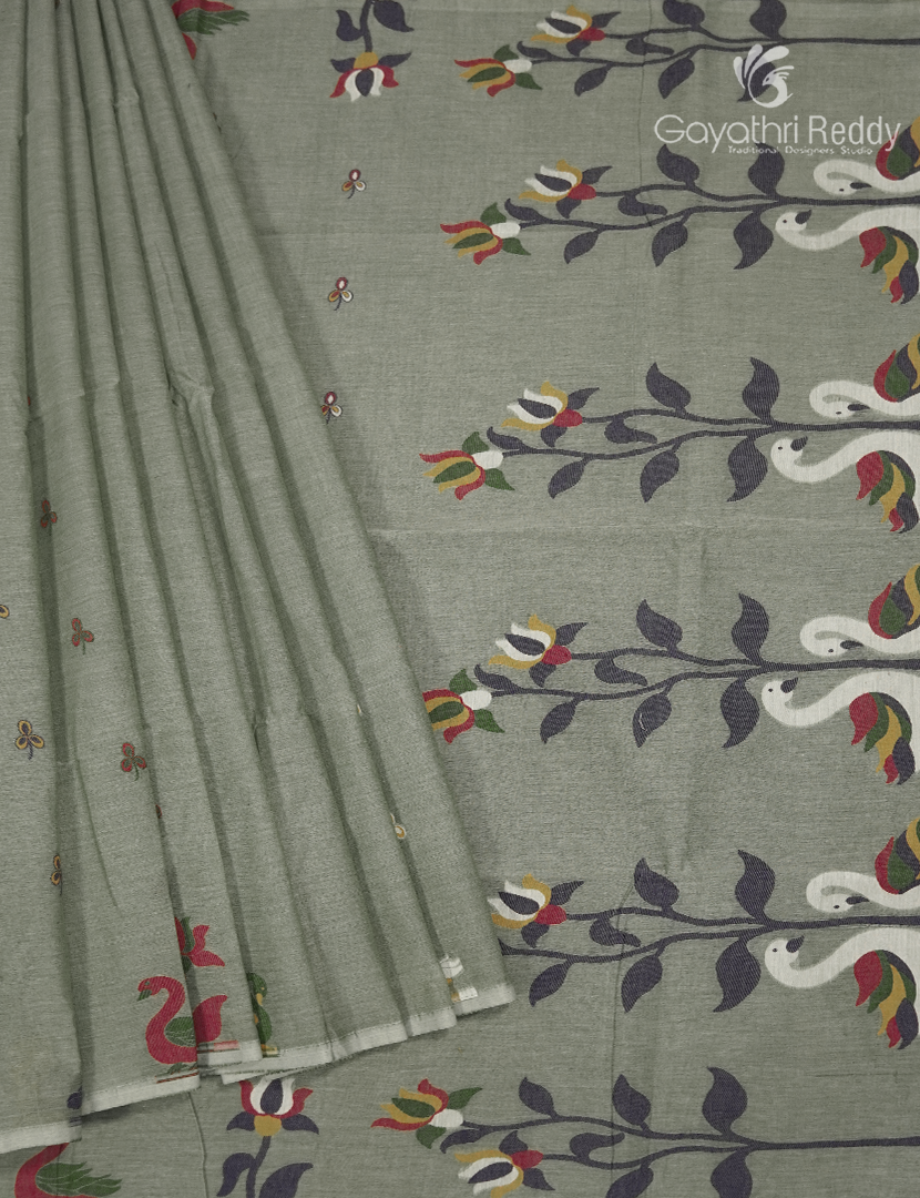 Jamdani Cotton Saree in Sage Grey