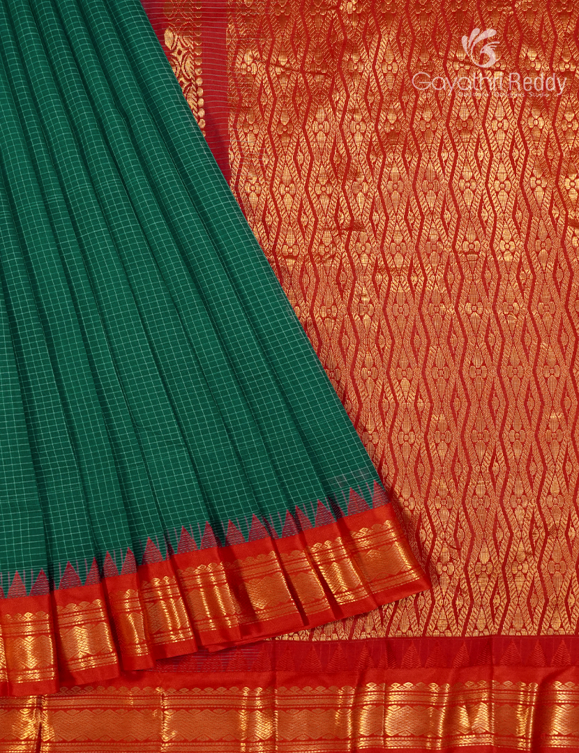 Pure Gadwal Cotton Saree in Deep Peacock Green and Red