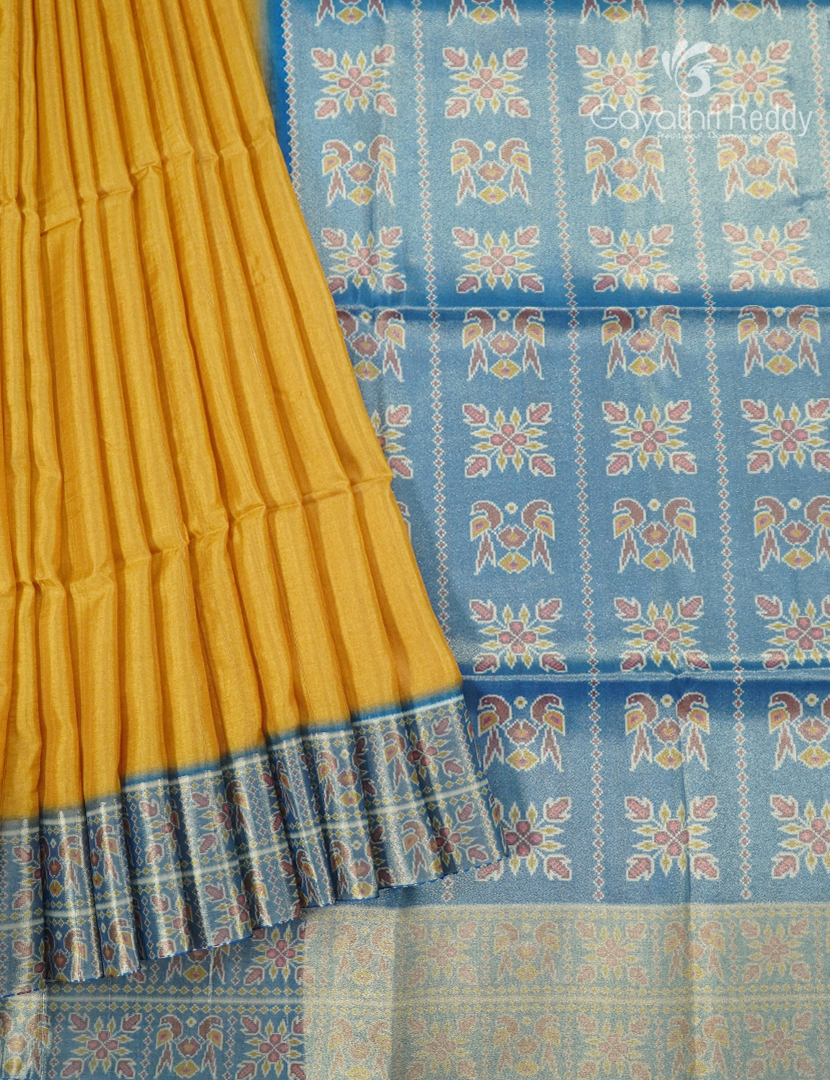 Semi Tussar Saree in Yellow and Cloud Blue