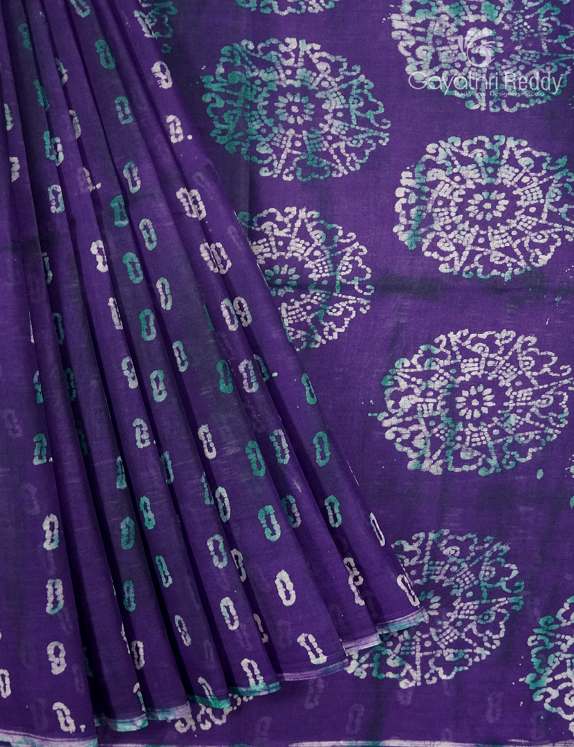 Cotton Batik Print Saree in Violet