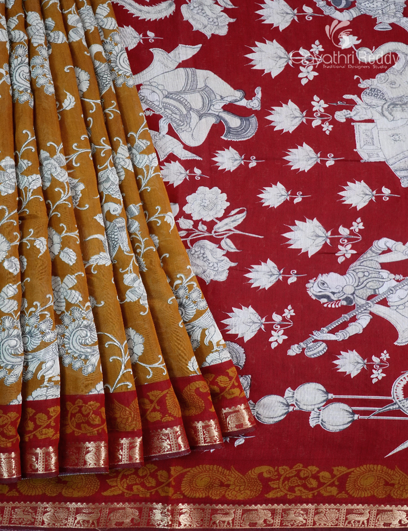 Vidharbha Sico Saree in Deep Mustard and Brick Red