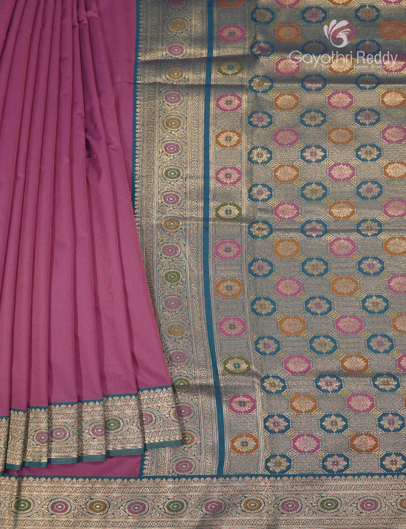 Semi Kanchipuram Art Silk Saree in Deep Onion Pink and Deep Peacock Blue