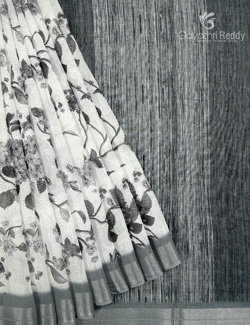 Linen Silk Saree in White and Black