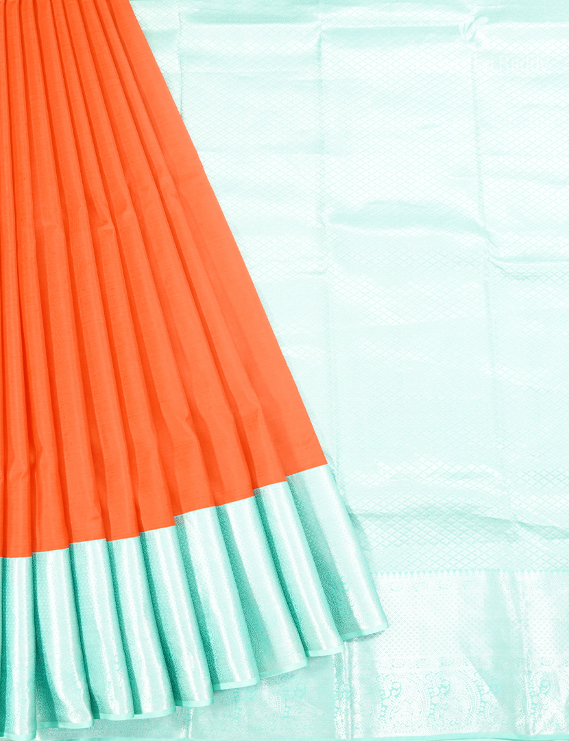 Pure Kanchipuram Vintage Silk Saree in Orange and Pastel Sea Blue