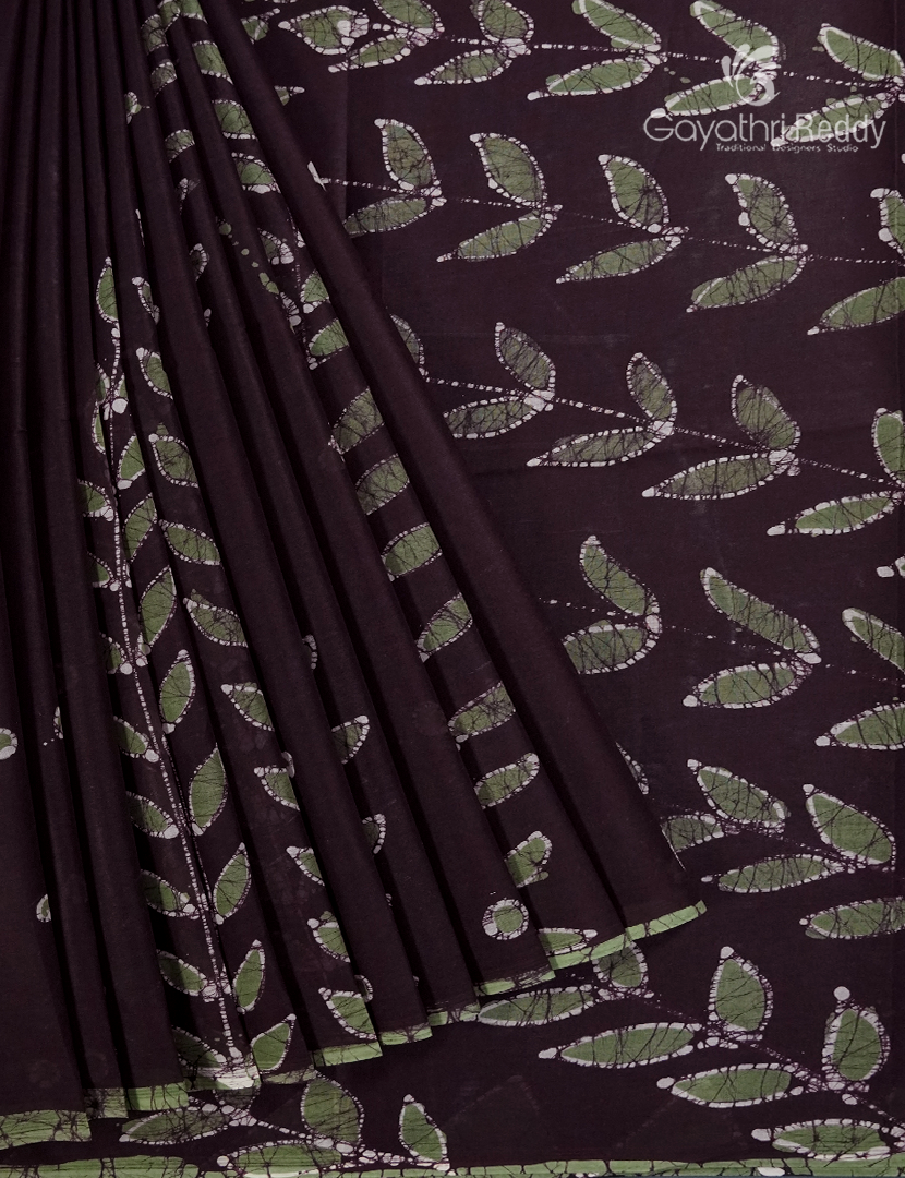 Cotton Batik Print Saree in Deep Brown