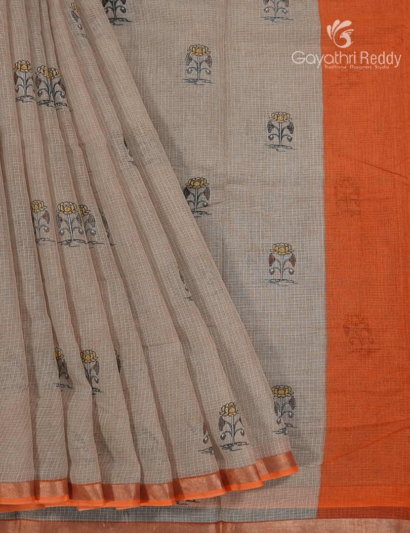 Premium Quality Cotton Kota Saree in Beige and Orange